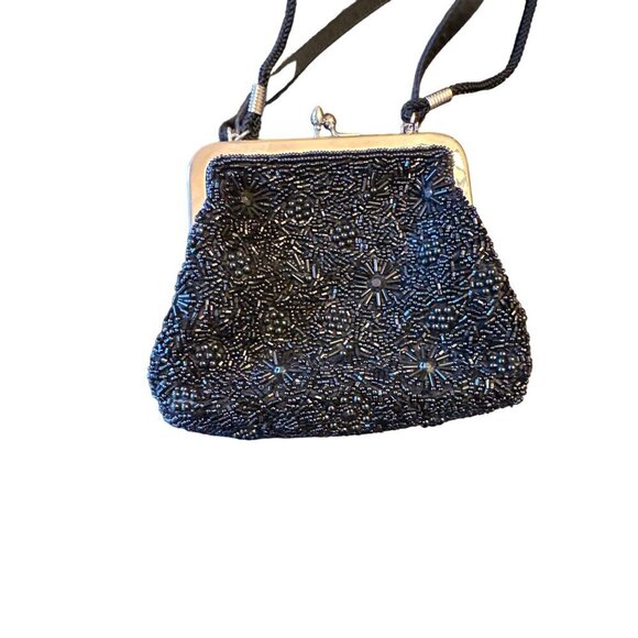 Vintage Valerie Stevens Black Beaded Evening Bag With Silver Frame & Long Strap - Picture 2 of 5